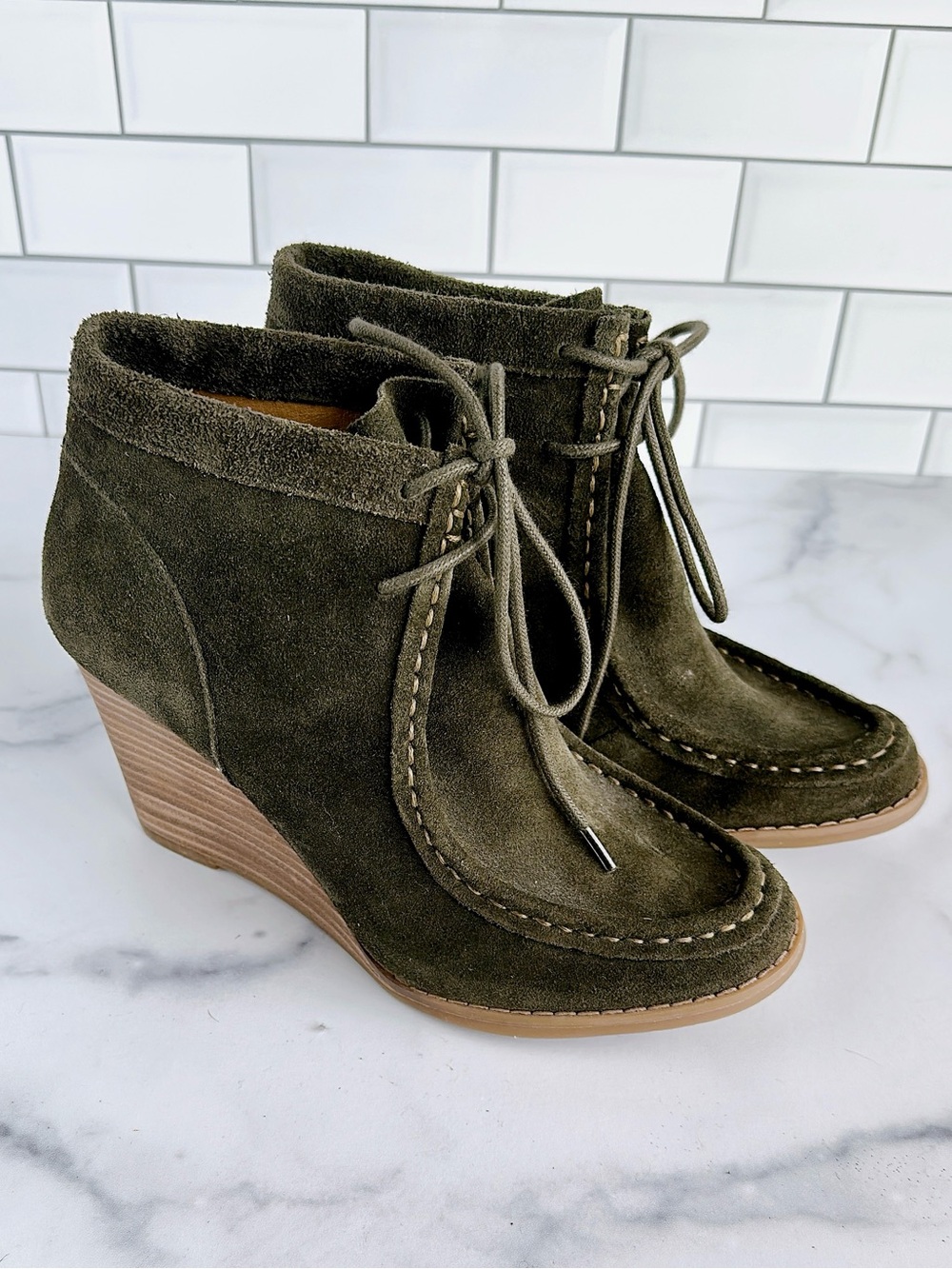 Lucky Brand Olive Suede Wedge Lace-Up Ankle Boots